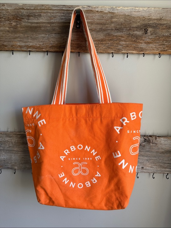 Arbonne Handbags - Arbonne Orange Canvas Logo Tote with Striped Handles